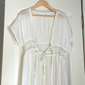 Floor-length beach coverup with mesh patterned middle and tie front
